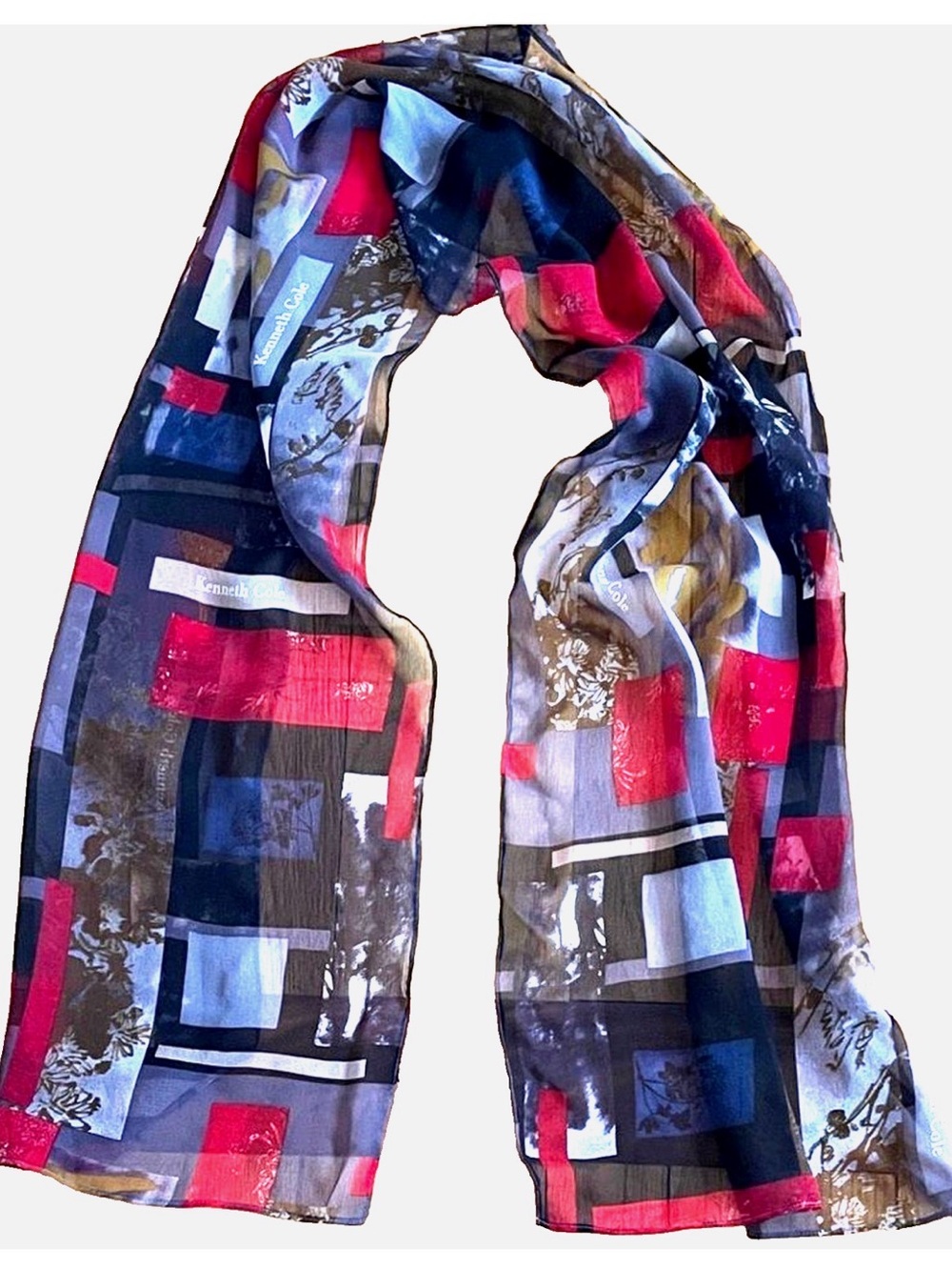 Kenneth Cole 100% Silk Oblong Scarf Abstract Geometric Sheer Red Blue Gold Wrap
